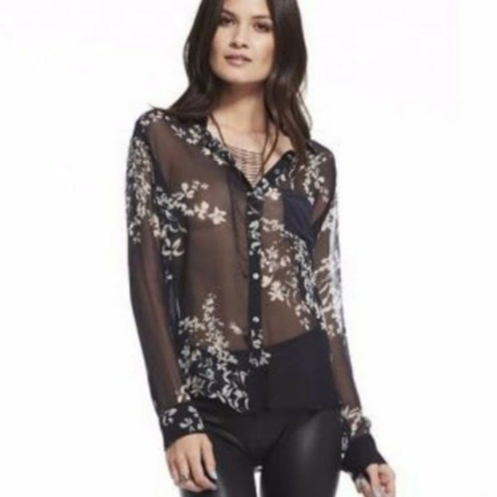 CHASER Sheer Silk Floral Button Down Blouse Top